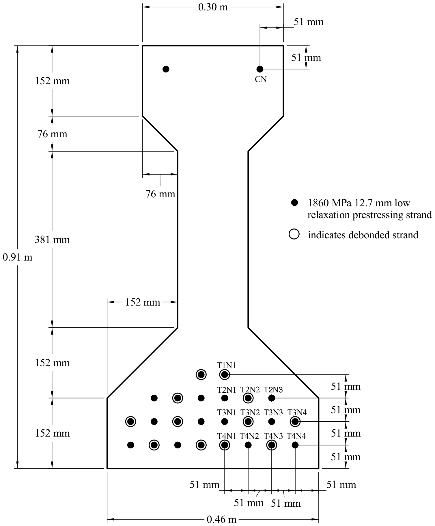 Dimensioned AASHTO Type II section with the 26 strands.