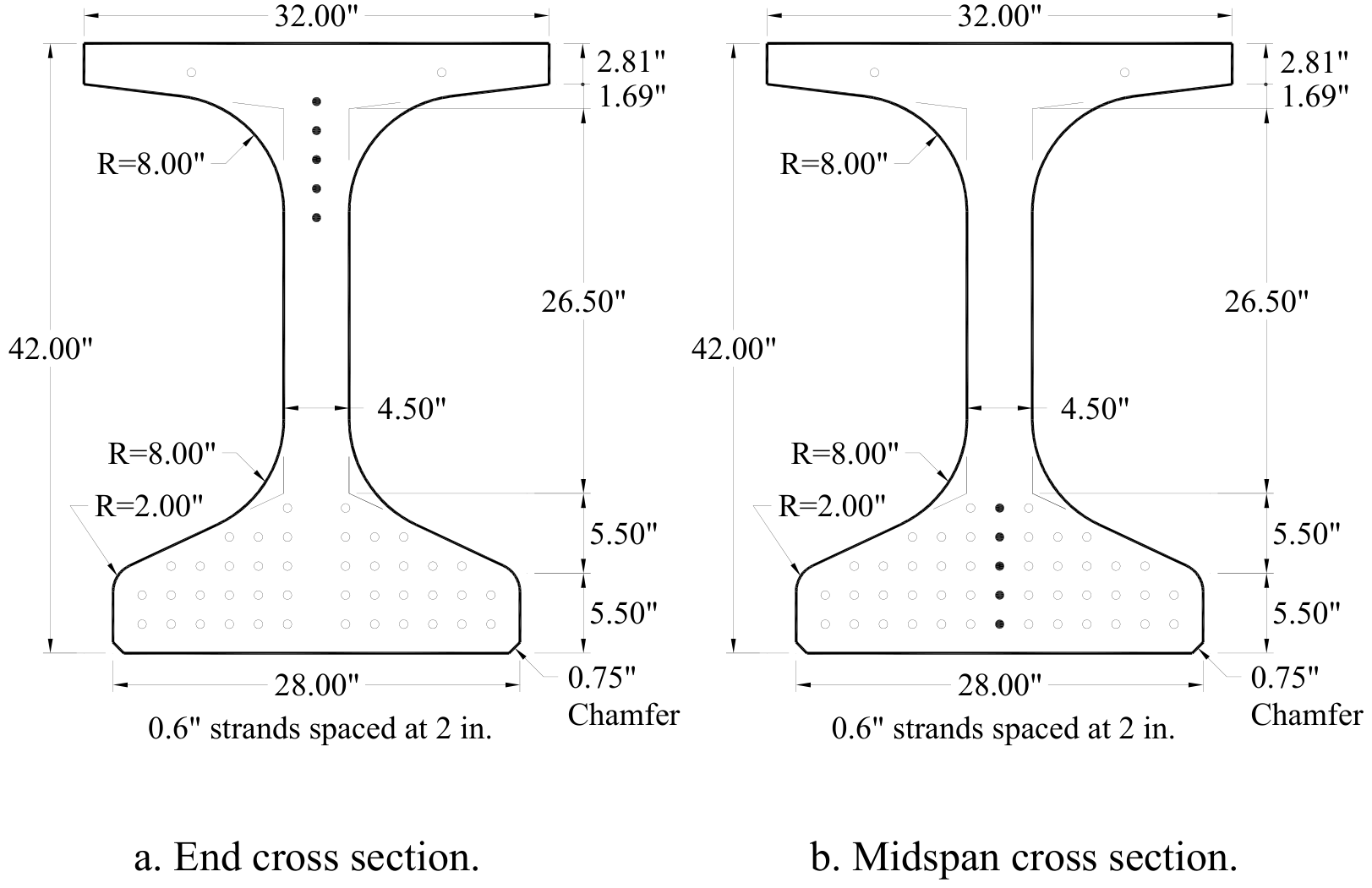 Dimensioned Iowa bulb-tee sections with the strand grid.