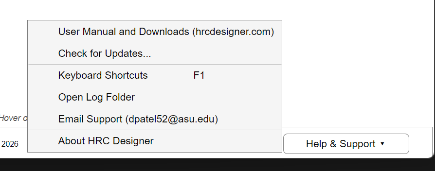 Help and Support menu of the selector